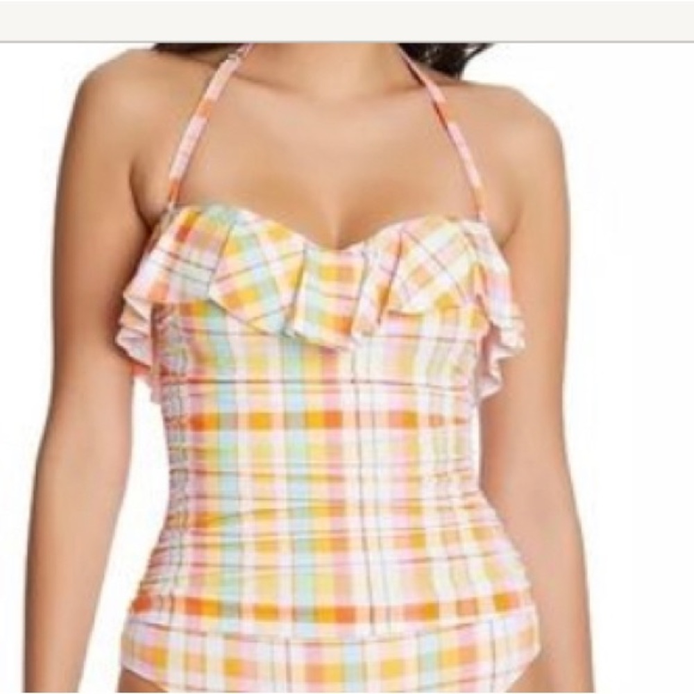FINAL PRICE NWT Bleu Rod Beattie 1-Piece Swimsuit: Plaid, Orange/Red/Blue, 14